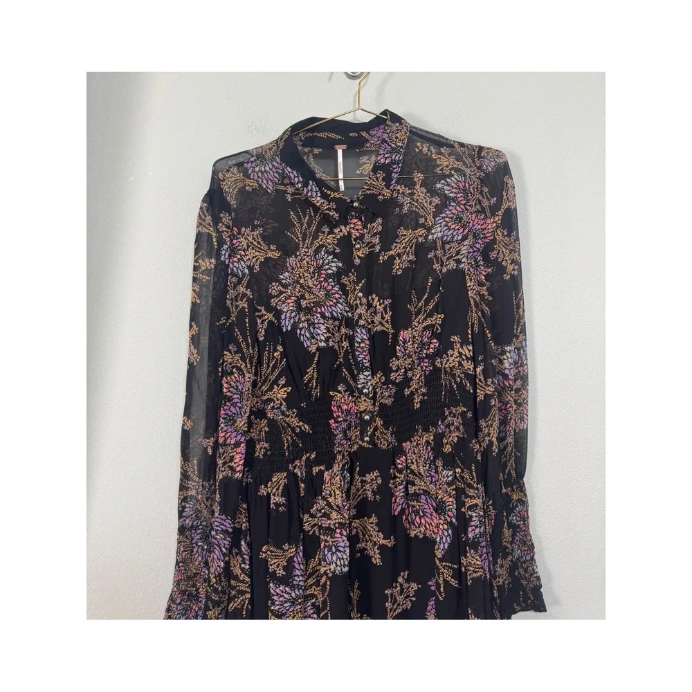 Free People Fake Pretend Black Floral Print Long Sleeve Mini Dress Smocked Waist